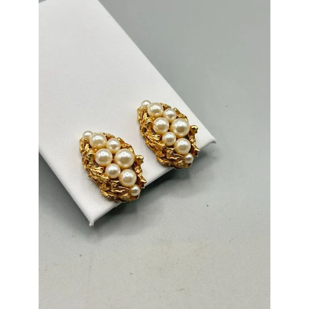 Vintage Napier Gold Tone Clip On Earrings with Faux Pearls Cluster - Picture 2 of 7